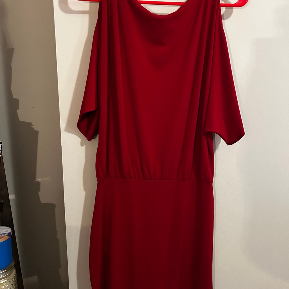 Red Women's Mid-Length Dress with Open Cut Shoulders